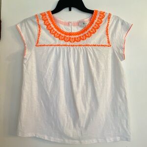 Boden Smocked Top Women's Sz 12 White / Neon Orange Embroidery Capped Sleeves